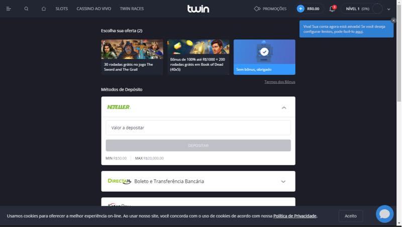 Twin casino - método de pagamento
